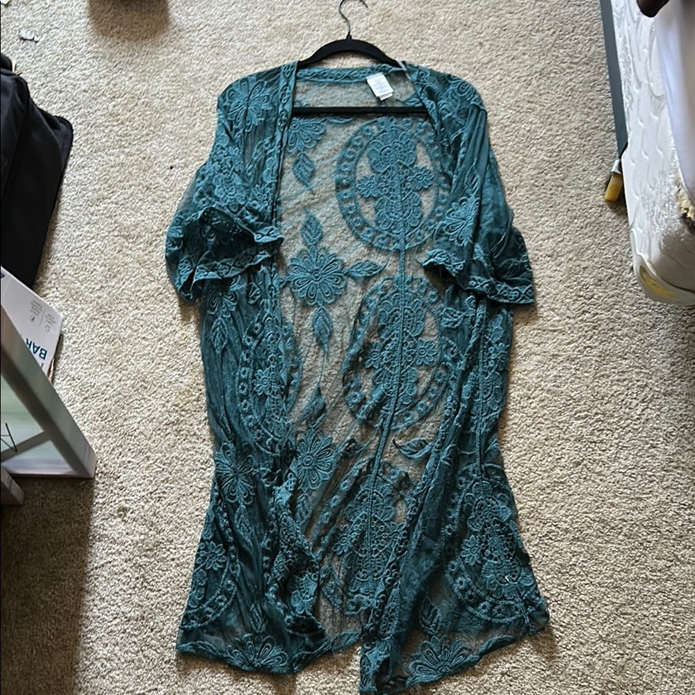 Teal Lace Kimono Cardigan